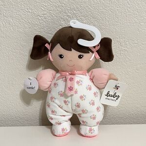Baby Starters Plush Brunette Olivia Baby Doll with Rattle Lovey Pink Floral 10"